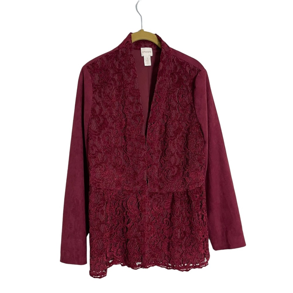Chicos Red Burgundy Lace Cardigan Sweater 1/Medium